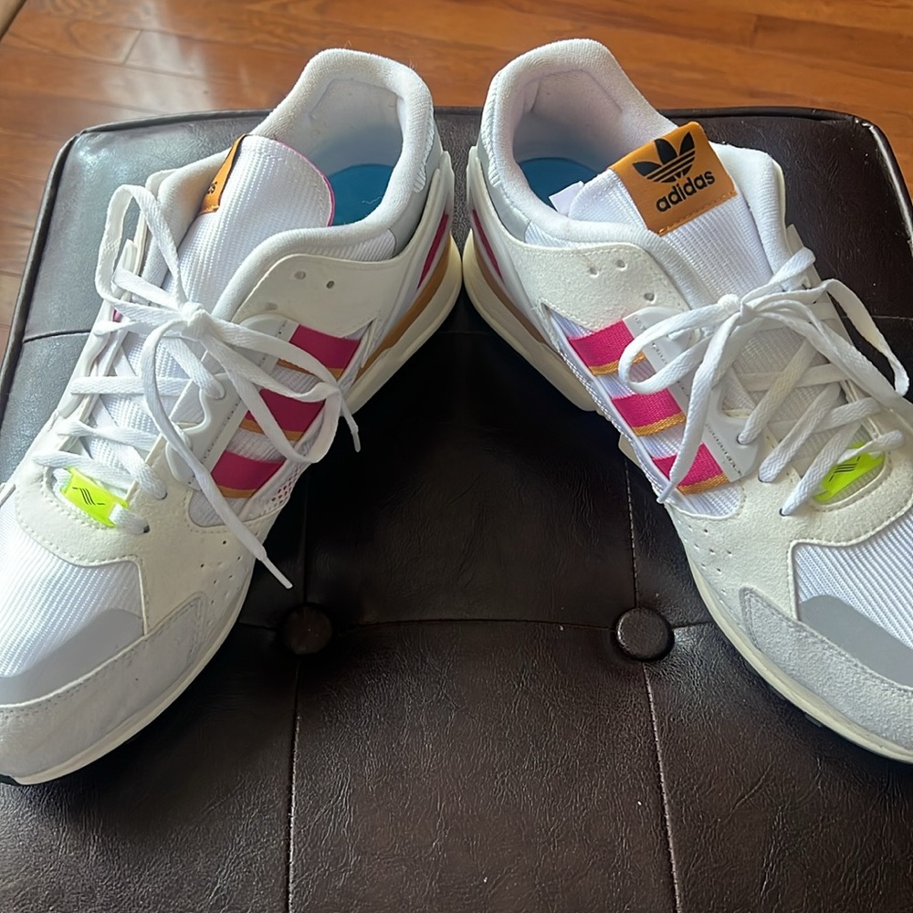 Adidas men ZX 10,000C white with red and yellow accents, size 13, good condition